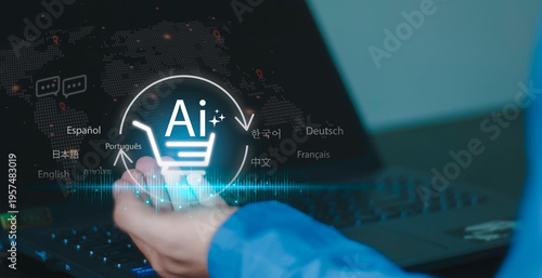 Artificial intelligence shopping on smartphone with global map and multilingual translation icons, international ecommerce, digital communication, AI automation, and connected global marketplace.