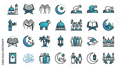 Islamic religion icon set in linear gradient style. A collection of Ramadan linear icons, including mosque, quran, prayer, crescent, star, lantern, sheep, tasbih, minaret, sajadah, and more. Editable.