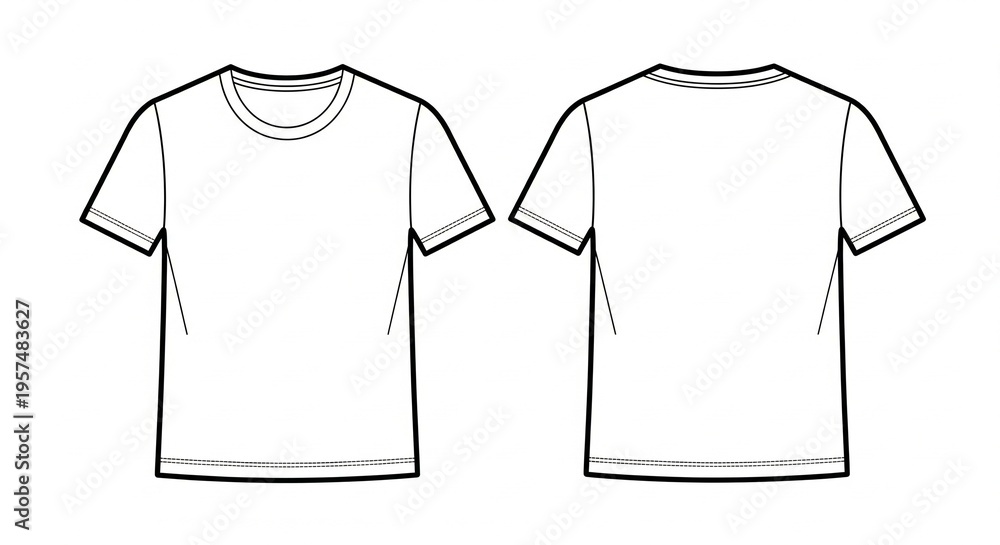 Naklejka premium Front and back views of a classic white crew neck t-shirt technical drawing fashion flat sketch template for apparel design mockup