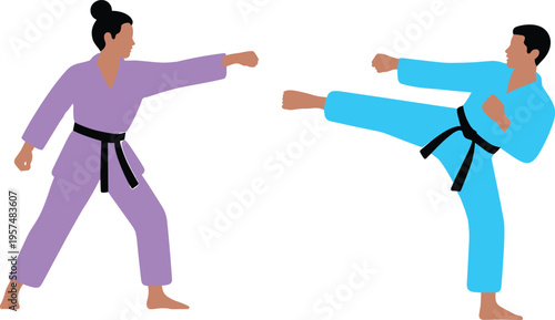 Flat Vector Illustration of Male Martial Arts Practitioners Sparring in Purple and Blue Kimonos Featuring Kicking and Punching Action Isolated on Black Background