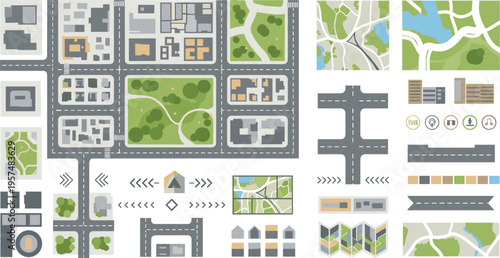 City map elements vector set with roads, blocks, parks and navigation symbols, urban planning layout, top view map design illustration collection