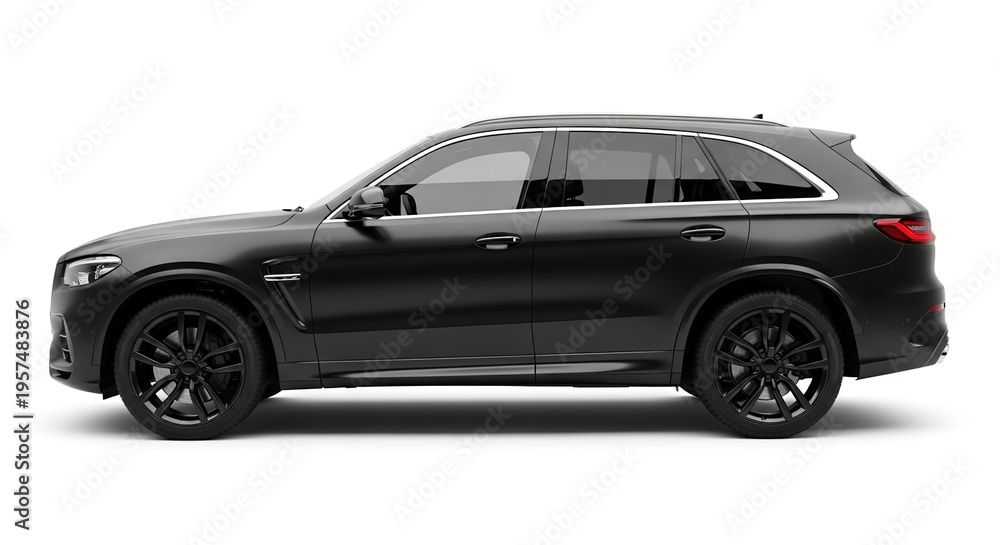 Fototapeta premium Matte Black Luxury SUV Side View Sports Vehicle Isolated White Background Transport Cab Design