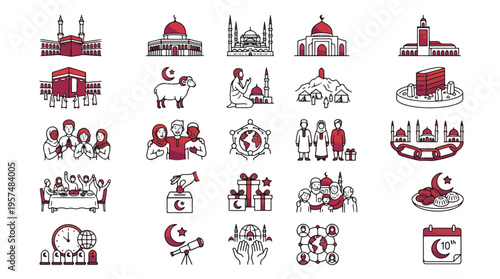 Islamic Religious and Hajj Icon Set in Linear Dual-Tone Style. A collection of Islamic linear icons, including Kaaba, mosque, prayer, Ramadan, Eid al-Adha, family, moon, and more. Islam, Hajj.