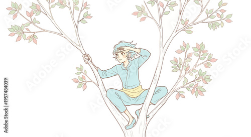 Person climbing tree branch outdoors.