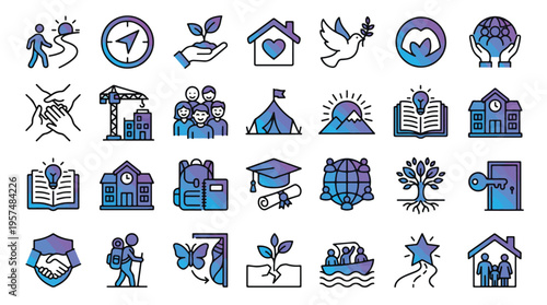 Community and Growth icon set in linear style. A collection of development linear icons, including education, nature, family, peace, teamwork, progress, environment, travel, and more. Editable stroke.