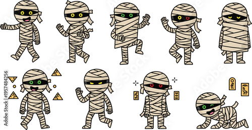 Cute Halloween Mummy Character Set with Funny Cartoon Wrapped Bandage Monsters in Different Poses for Spooky Party Designs, Kids Illustrations, and Holiday Graphics