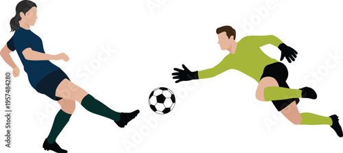 Flat Vector Illustration of Male Goalkeeper Diving to Save a Goal From Female Soccer Player Striker Kicking Ball Isolated on White Background for Sports Design