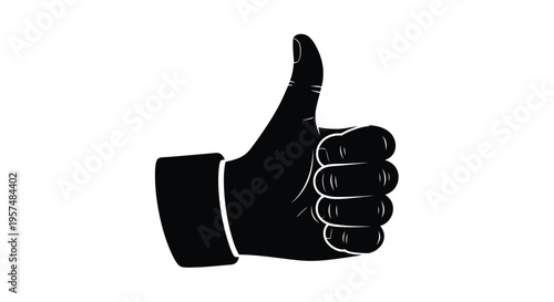 A black and white silhouette of a hand displaying a thumbs up gesture