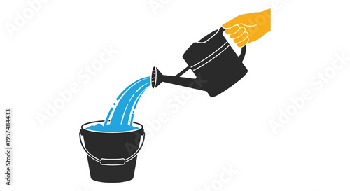 A hand pouring water from a watering can into a black bucket