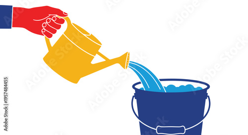 A hand pouring water from a yellow watering can into a blue bucket