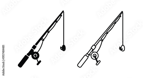 Two black and white illustrations of fishing rods with reels and lines