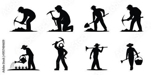 Farmers and workers silhouettes set with farming activities, isolated on transparent background.