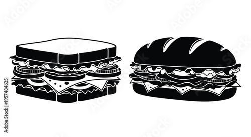 Black and white illustration of a sandwich and a roll side view