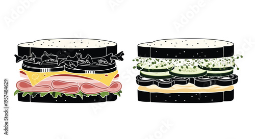 An exploded view illustration of two stacked sandwiches with different fillings