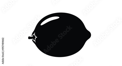 A simple black silhouette of a ripe plum fruit with a stem