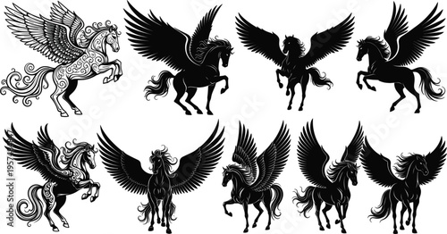 Majestic Pegasus Silhouette and Ornate Line Art Vector Set with Mythological Flying Horses for Fantasy Branding, Tattoo Designs, Stickers, and Creative Graphics