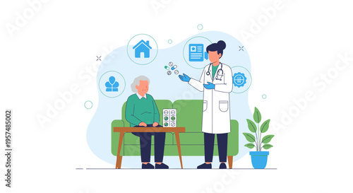 Doctor advises elderly patient on medication at home, healthcare concept