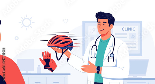Doctor Advises Cyclist on Safety Gear in Clinic
