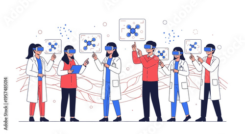 Diverse scientists using VR headsets for molecular research and data visualization