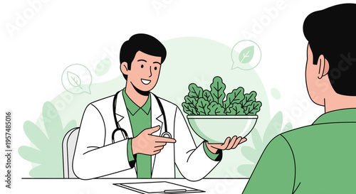 Doctor advises patient on healthy eating with fresh green vegetables in bowl