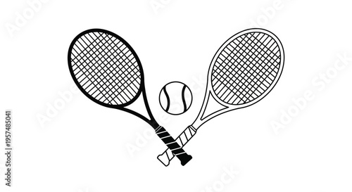 Two tennis rackets and a ball in a simple black and white illustration
