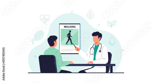 Doctor advises patient on walking for health, showing exercise benefits poster