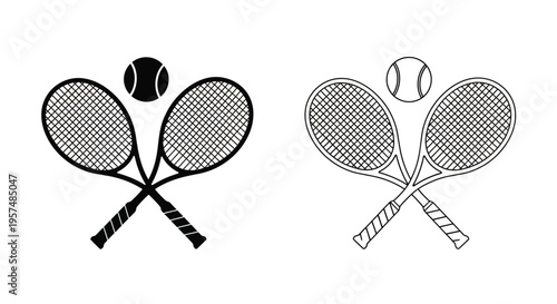 Tennis equipment rackets and balls in black and white illustrations