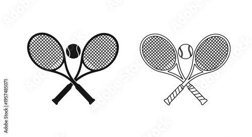 Two sets of crossed tennis rackets and balls in black and white