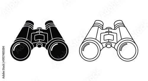 Two black and white illustrations of binoculars side by side