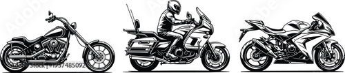 Motorcycle Vector Illustration Set Featuring Classic Chopper, Touring Bike with Rider, and Modern Sportbike for Automotive Branding, Apparel Design, and Biker Graphics