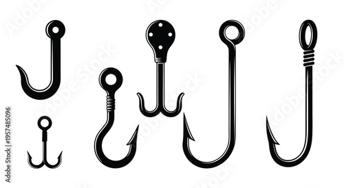 Collection of various black hook designs arranged on a white background