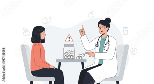 Doctor advising patient about medication and health risks with warning sign