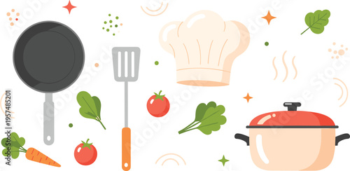 Cooking utensils and kitchen tools set with pan pot spatula chef hat and fresh vegetables cartoon vector illustration collection