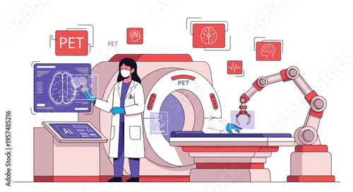 Doctor analyzing brain scan with AI and PET scanner in futuristic medical lab