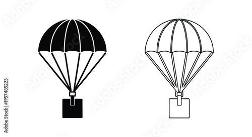 Two parachutes one filled and one outlined suspended above boxes