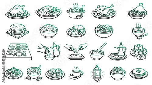 Middle Eastern Food Icon Set in Linear Gradient Style. A collection of Islamic food linear icons, including Ramadan, iftar, tajine, baklava, dates, hummus, lantern, bread, soup, tea, meat