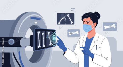 Doctor analyzing CT scan images of bones on a futuristic interface