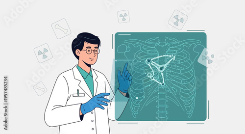 Doctor analyzing chest x-ray on futuristic screen, medical technology concept