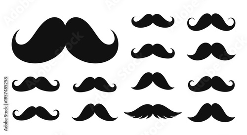 Collection of various black mustache silhouettes arranged on a white background