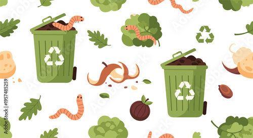 Composting seamless pattern with organic waste, worms and recycling bins, eco friendly food scraps and biodegradable materials vector illustration