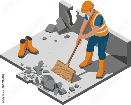 Construction worker cleaning debris illustration showing maintenance, safety gear, site cleanup, repair work, industrial labor, building renovation process concept