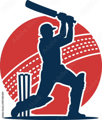 Cricket player silhouette hitting ball with bat and wickets  action sport scene