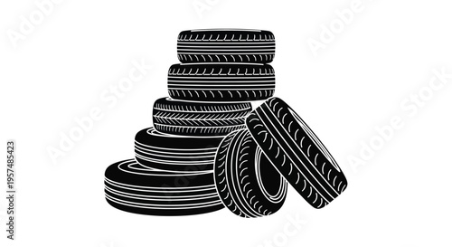 A stack of black car tires with a single tire leaning against the pile