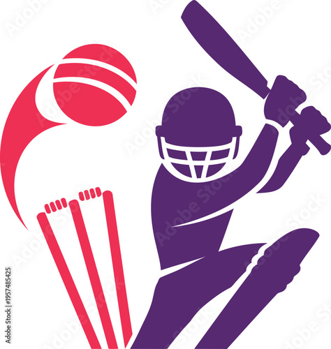 Cricket player silhouette hitting ball with bat and wickets  action sports graphic