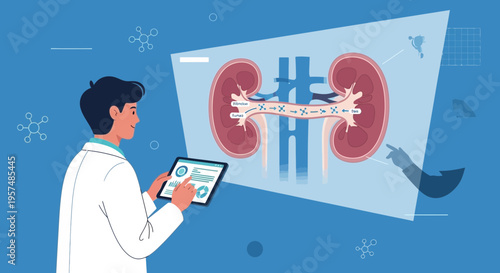 Doctor analyzing kidney anatomy on digital screen, medical research and healthcare concept