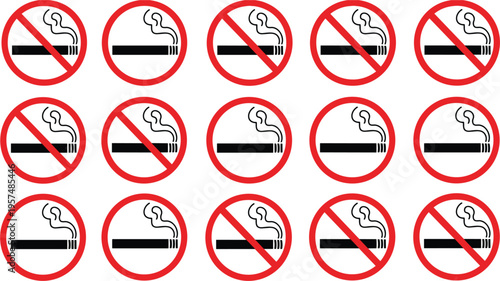 No Smoking Icon Set with Prohibited Cigarette Symbols in Circular Red Warning Signs for Health and Safety, Public Places, and Digital Media Projects