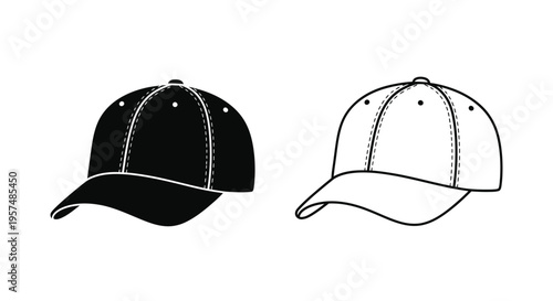 Black and white illustration of two baseball caps with curved brims