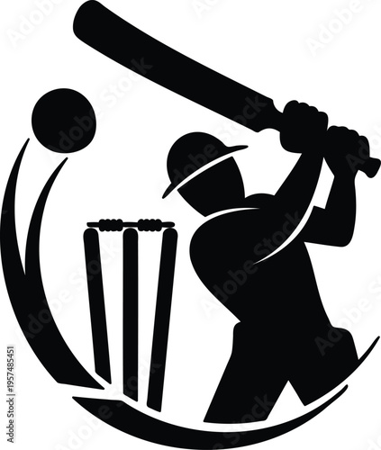 Cricket player silhouette swinging bat hitting ball with wicket  sports icon design