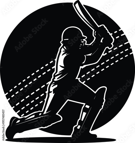 Cricket player silhouette kneeling down hitting ball with bat  sports action scene