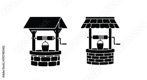 Two black and white illustrations of classic wishing wells with buckets